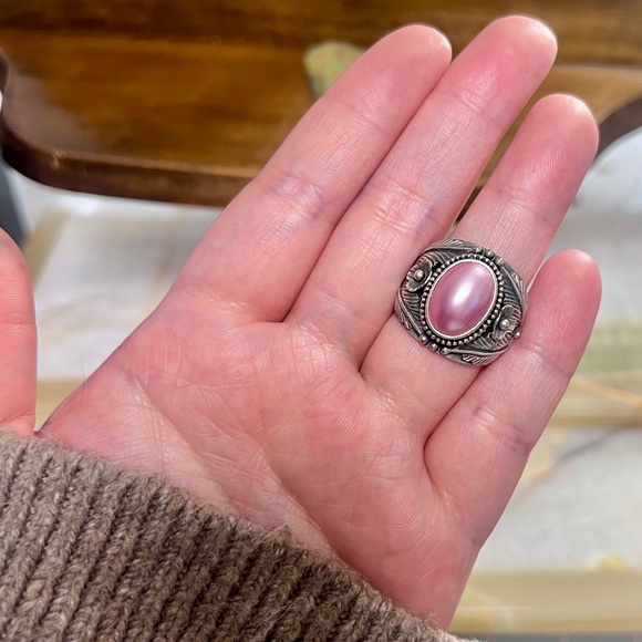 MERAN Vintage Southwestern Pink Mauve Pearl Ring Sterling Silver 925 - Picture 5 of 11